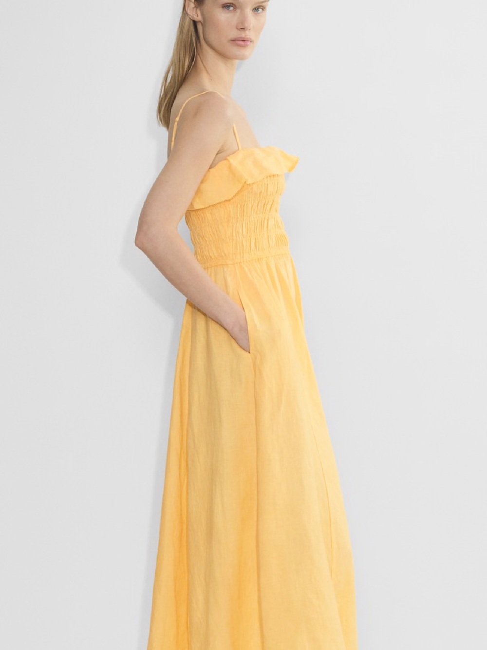 Wilfred Yellow Smocked Maxi Dress with Ruffle Detail